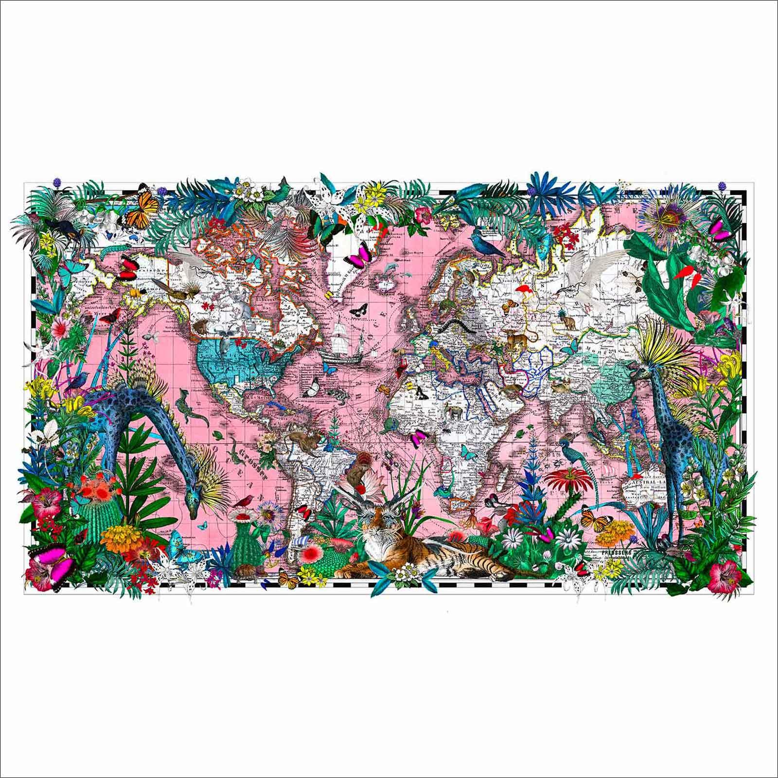 quirky pink painted world map to hang on the wall