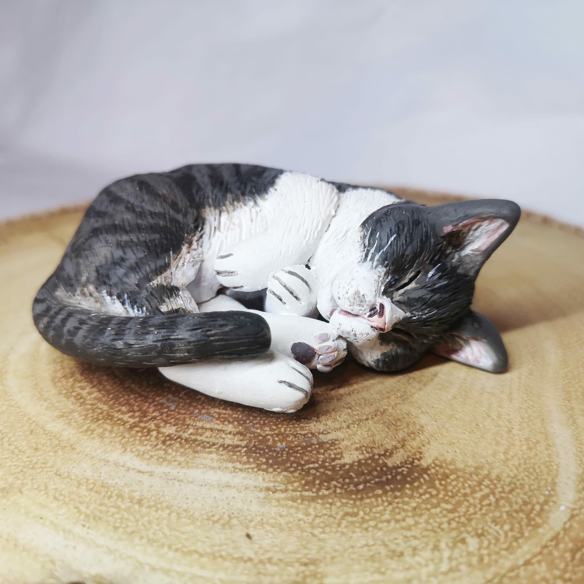 Handmade and handpainted clay model of a cat asleep, capturing the tranquility and serenity of a feline friend in a lifelike and personalized creation.