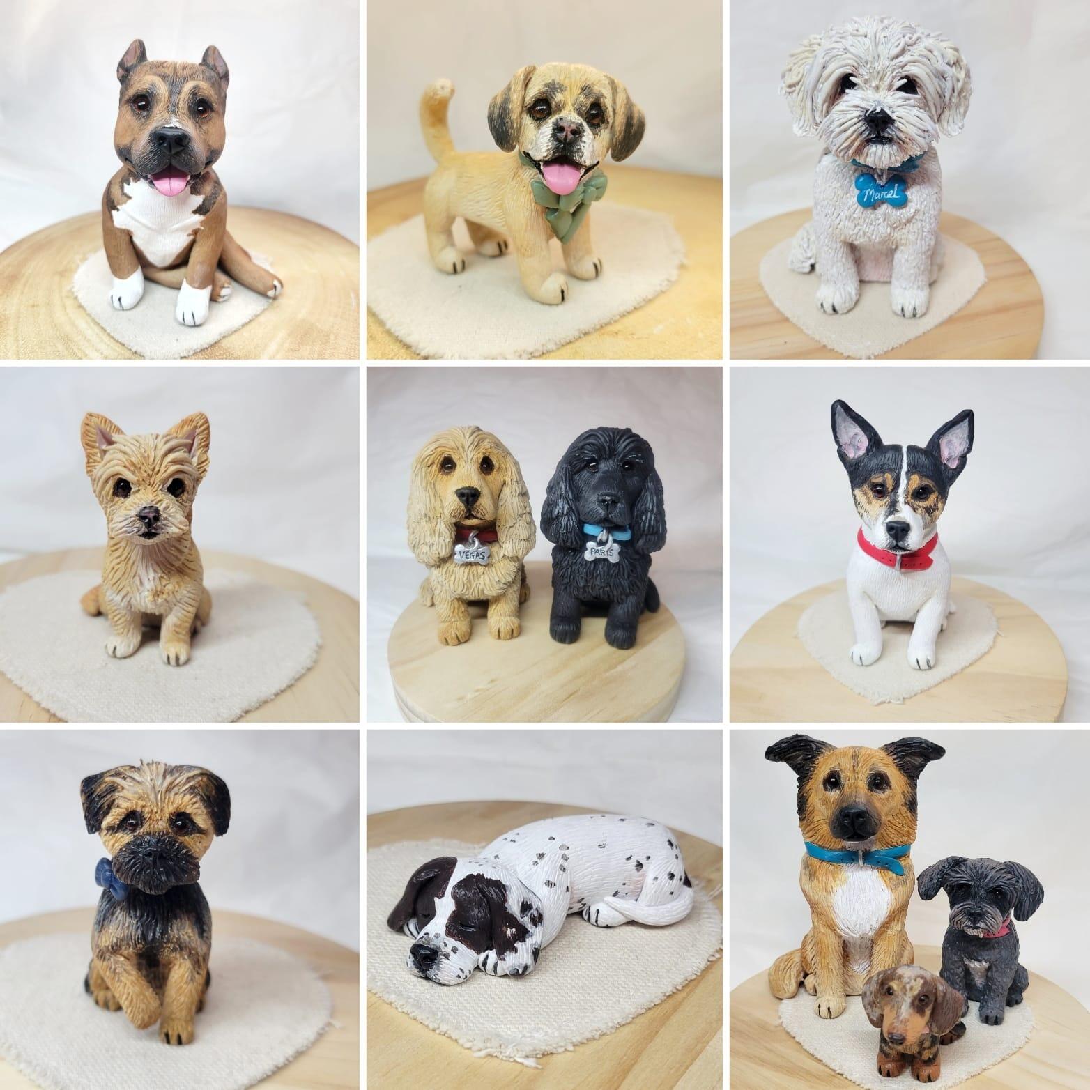 A selection of our polymer clay dog models that are handmade and hand painted using a photograph as a reference