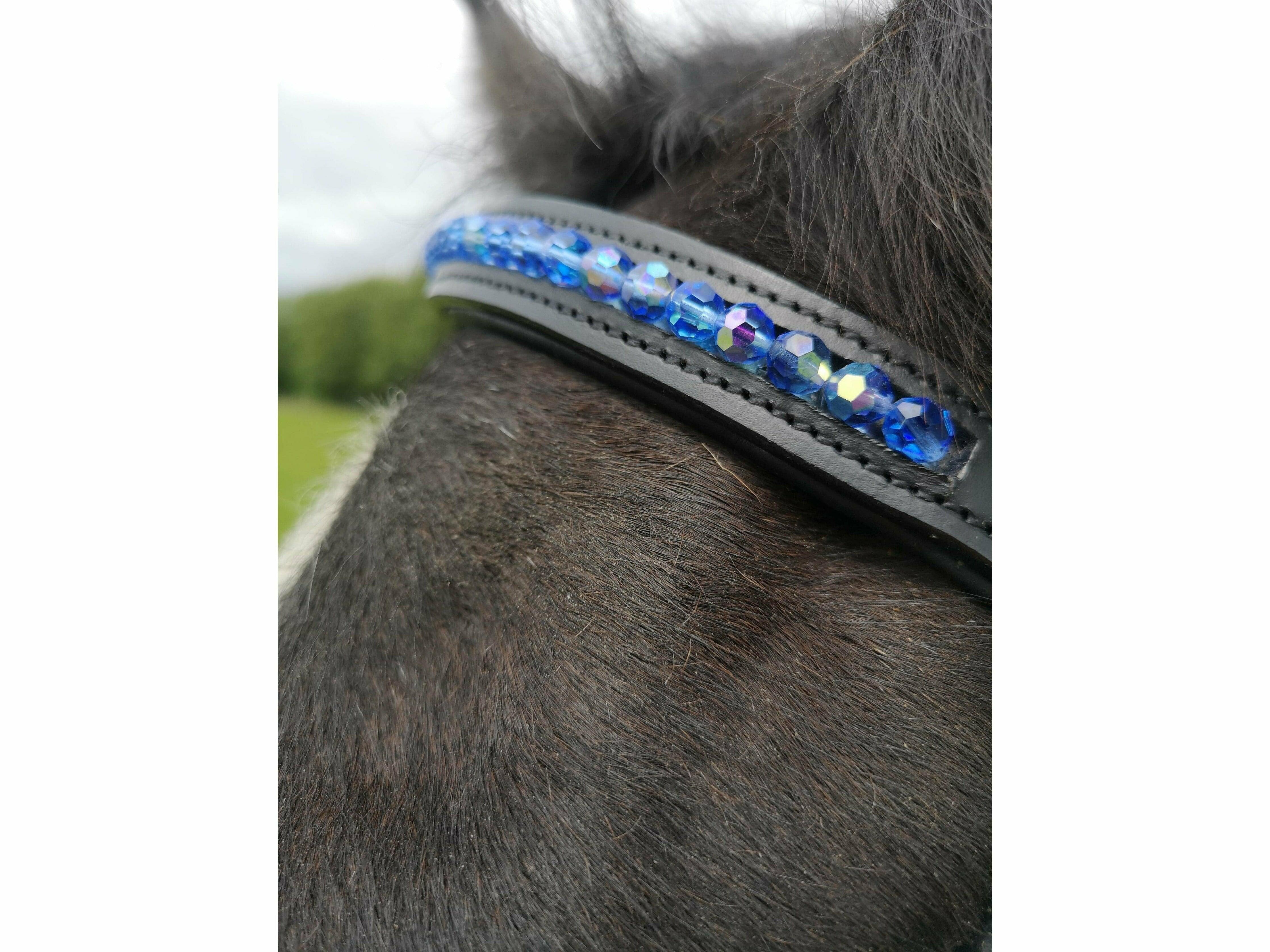 Sparkly blue glass horse browband shown on a gypsy cob