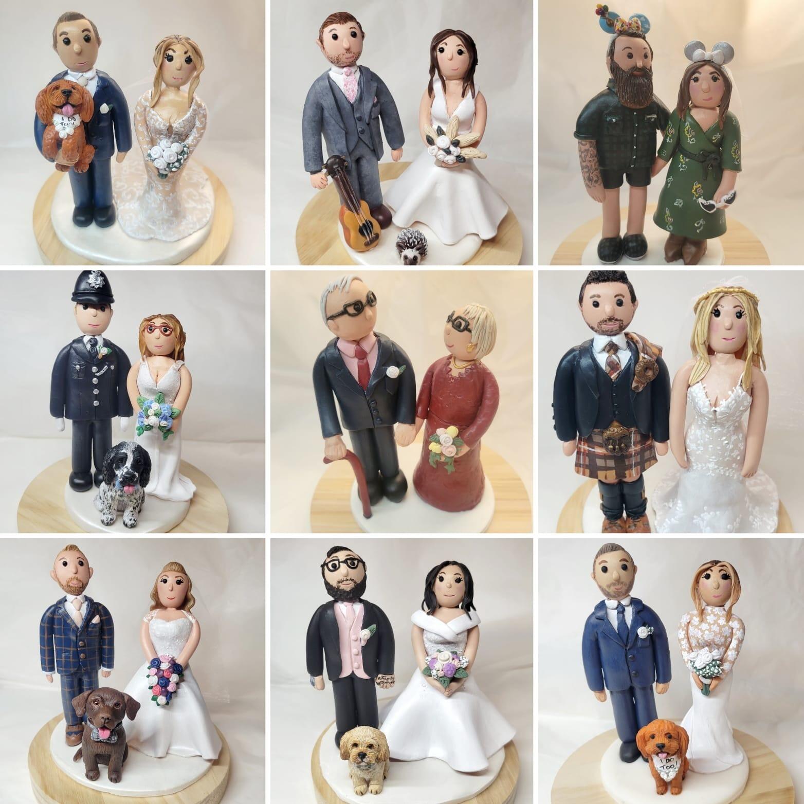 A selection of our handmade and hand painted bride and groom wedding cake toppers