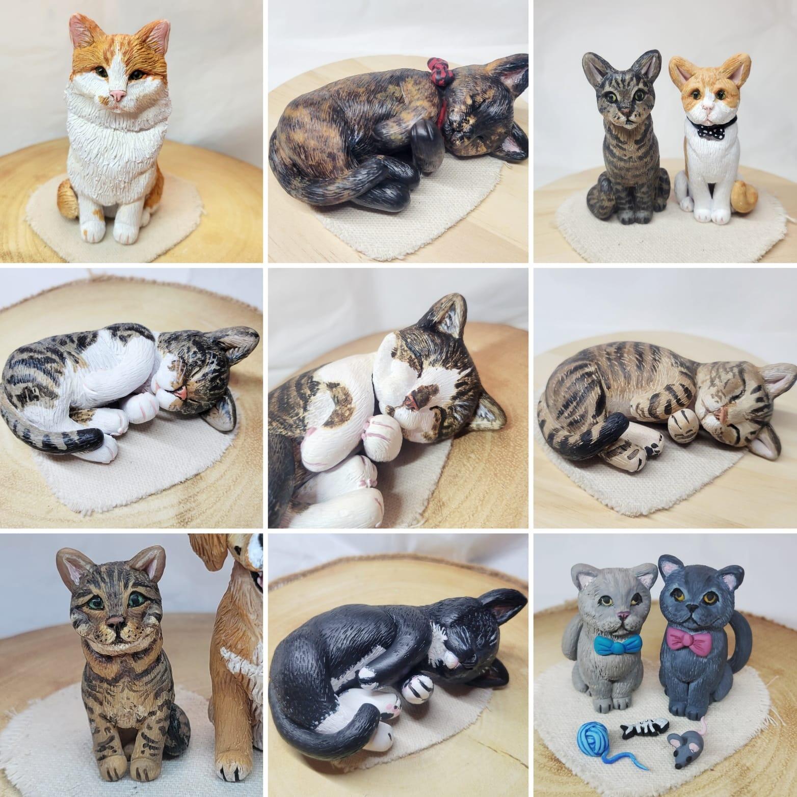 The image shows a collection or our handmade and hand painted polymer clay cat models