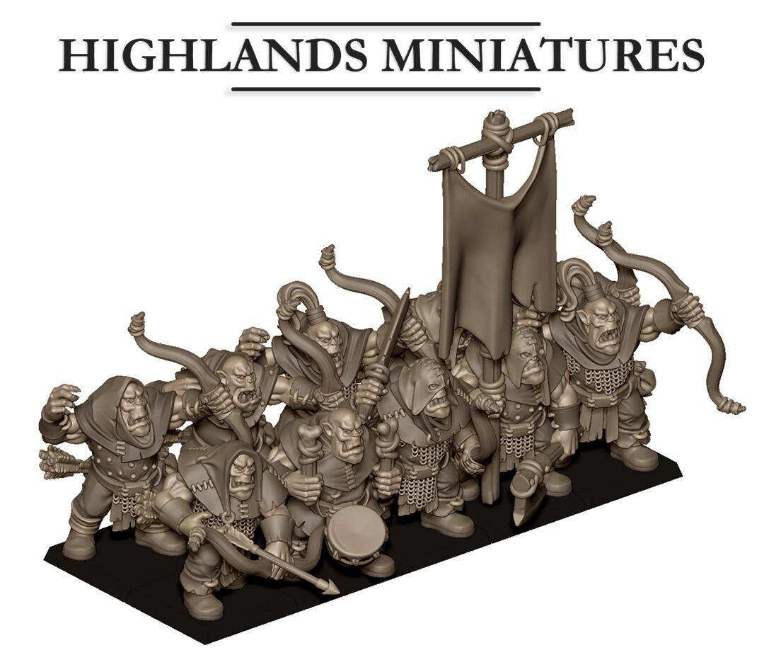 Mob of 10 orc archers including banner, drummer and champion
