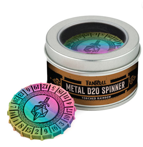 Metal D20 spinner on tabletop gaming setup