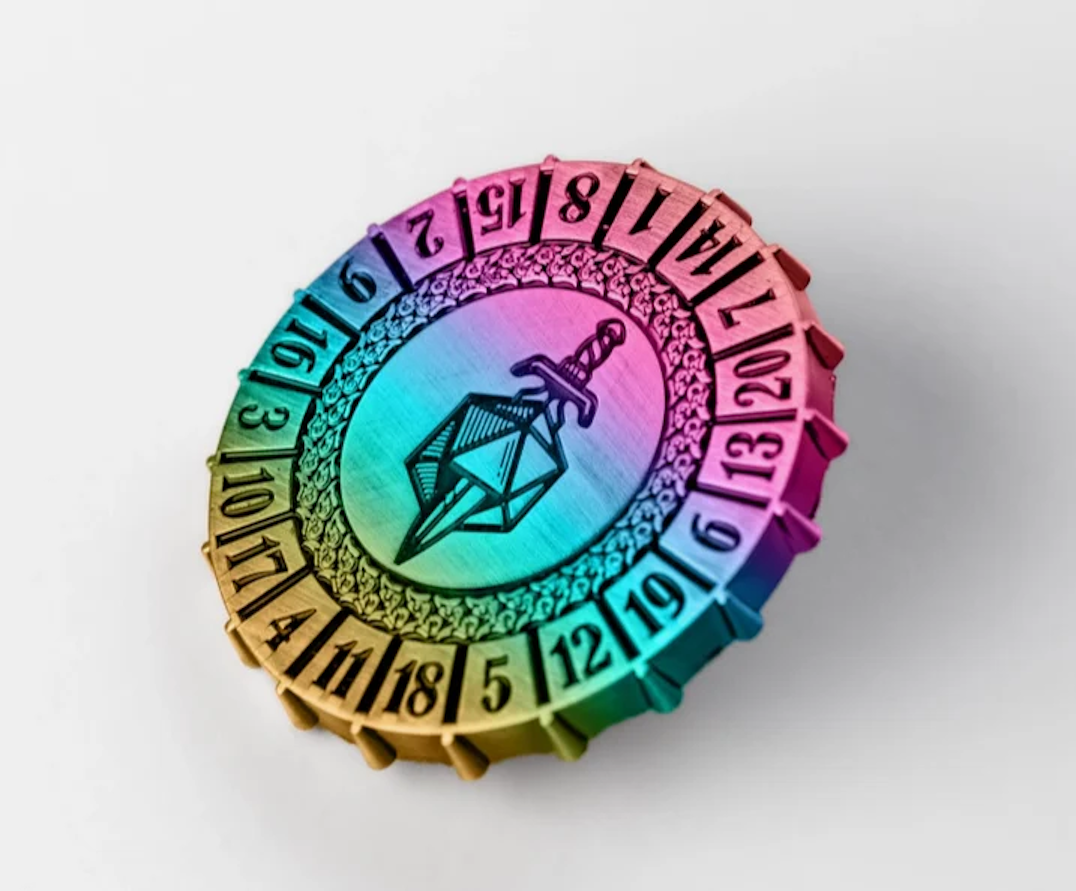 FanRoll metal D20 spinner torched rainbow front view