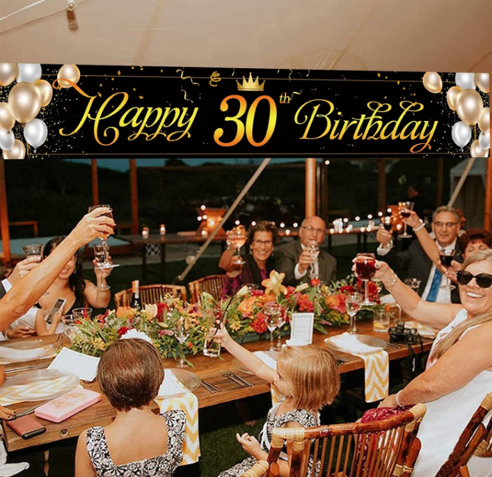 Large Happy 30th Birthday Backdrop Banner - Black & Gold Party Decor With Fireworks & Balloons