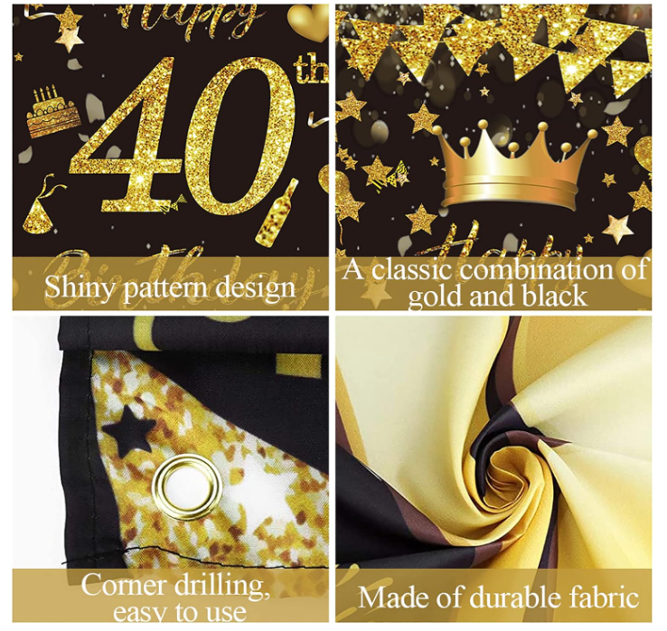 Happy 40th Birthday Backdrop Banner – Extra Large 72.8x43.3 Inch Black & Gold Fabric Sign For Party Decor & Photo Background - View #14