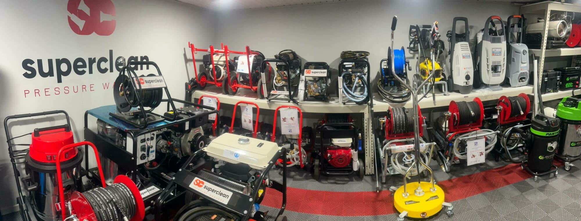 Superclean Pressure Washers showroom showing a selection of pressure washers in stock
