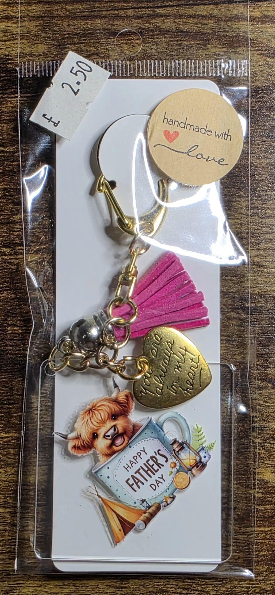 diamond shaped cow fathers day heart pink tassel keyring