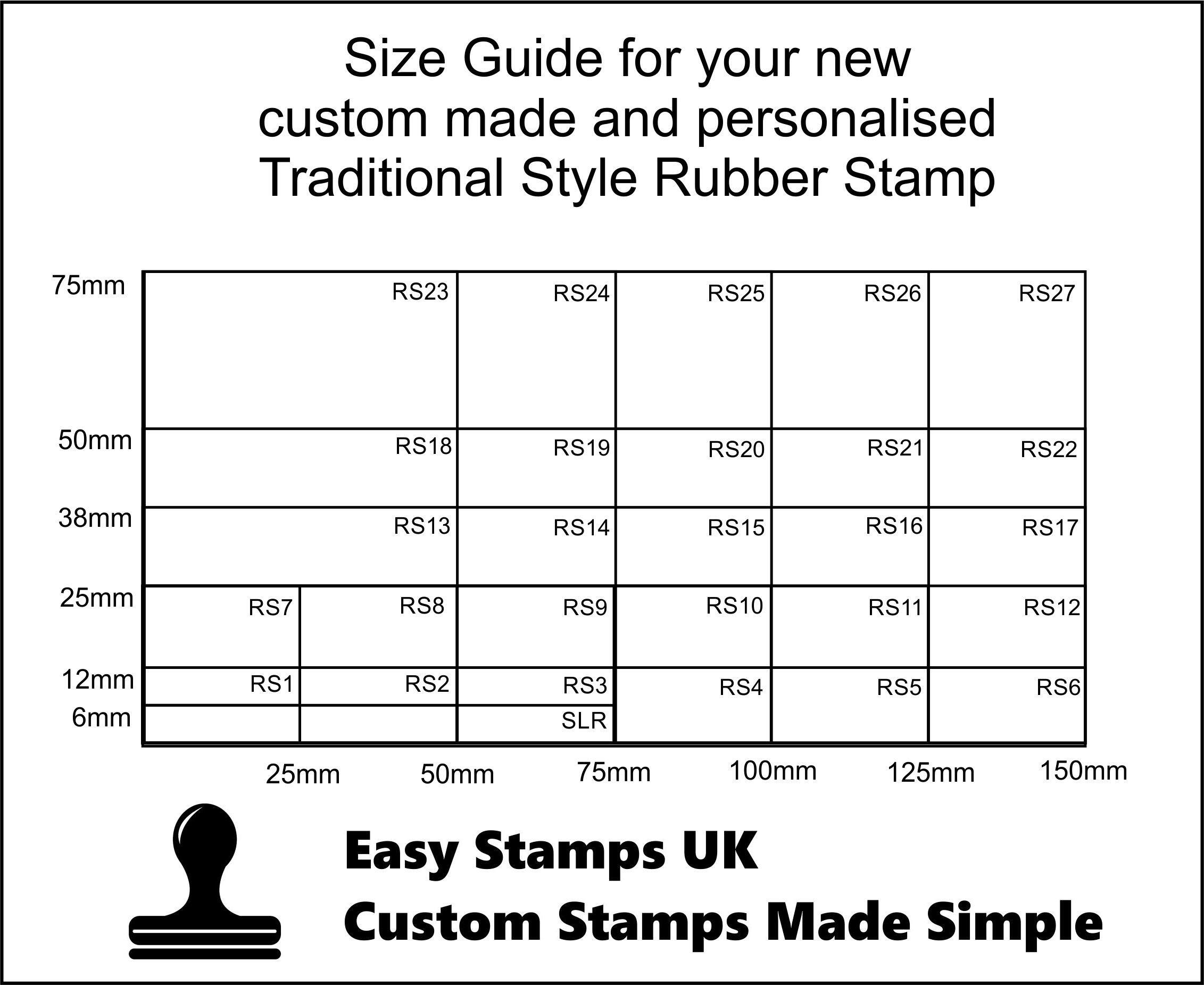 Size guide for our Custom Traditional Rubber Stamps