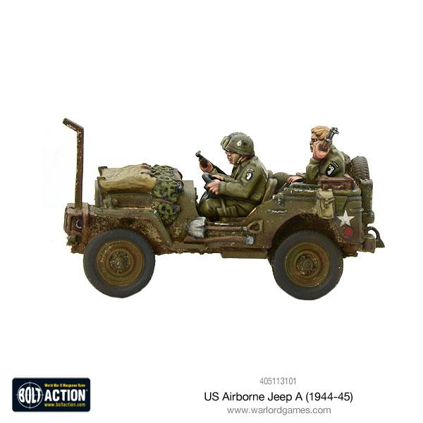 US Jeep alongside Airborne infantry squad