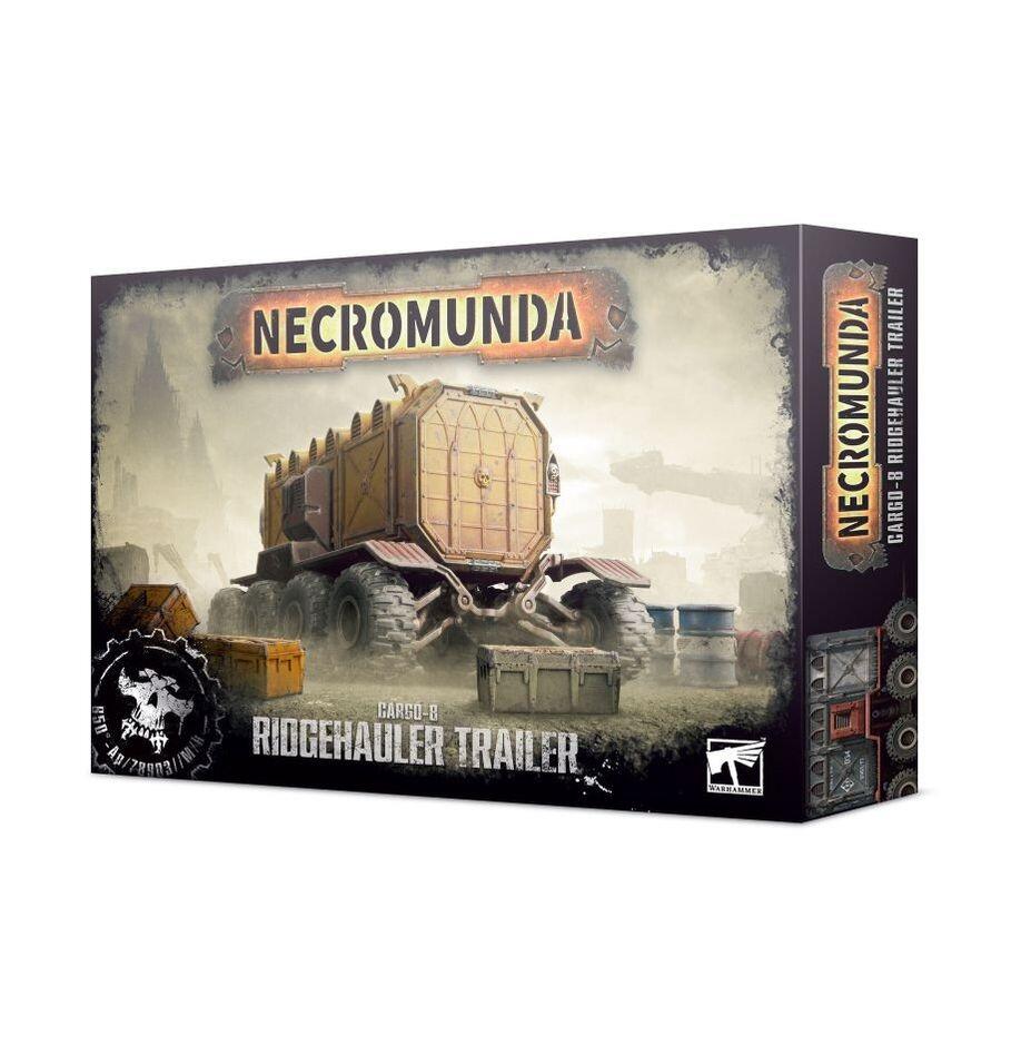 Cargo-8 Ridgehauler Trailer model kit linked behind the Ridgehauler Prime Mover on a Necromunda Ash Wastes battlefield