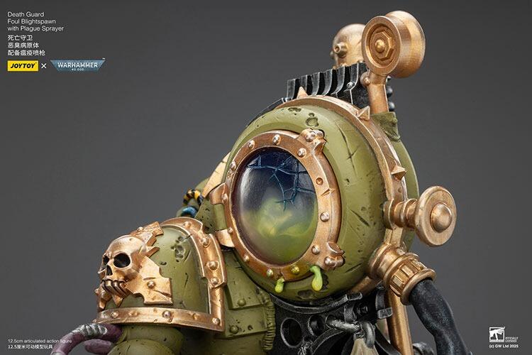 Close-up of helmet, visor, and plague nozzle