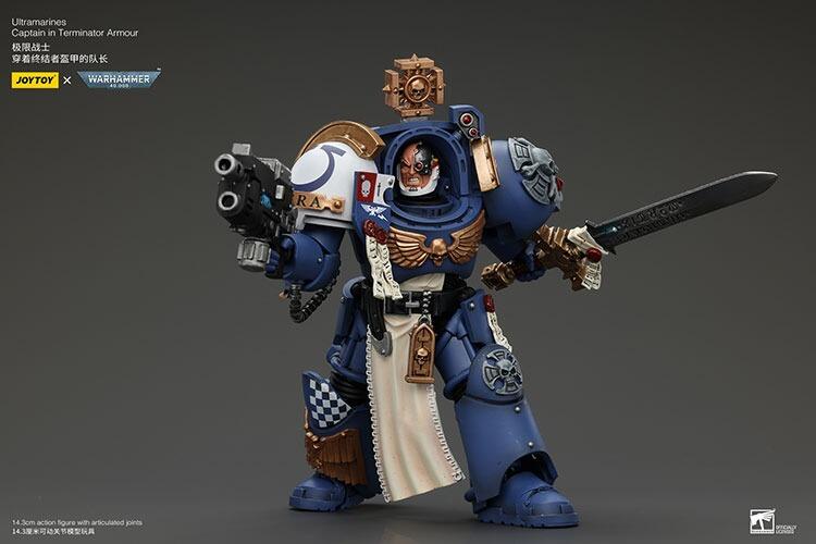 Dynamic pose of Ultramarines Captain JoyToy figure