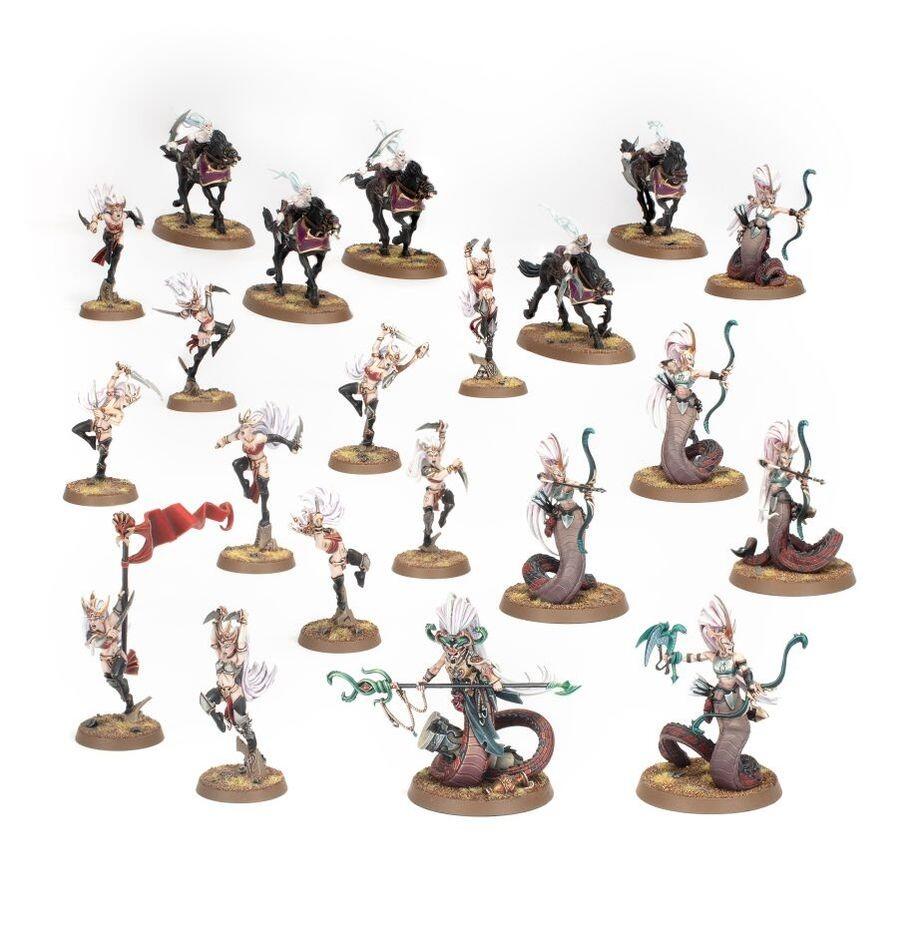 Spearhead: Daughters of Khaine army box including Melusai, Witch Aelves, and Doomfire Warlocks on Warhammer Age of Sigmar battlefield