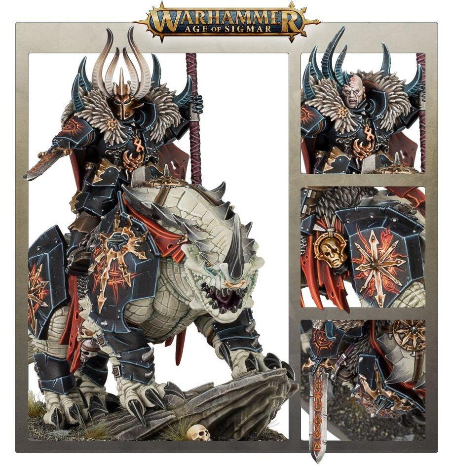 Probably one of our favourite Age of Sigmar character models, the Slaves to Darkness Chaos Lord on Karkadrak! We painted this one up in a classic black and gold trim the iconic
