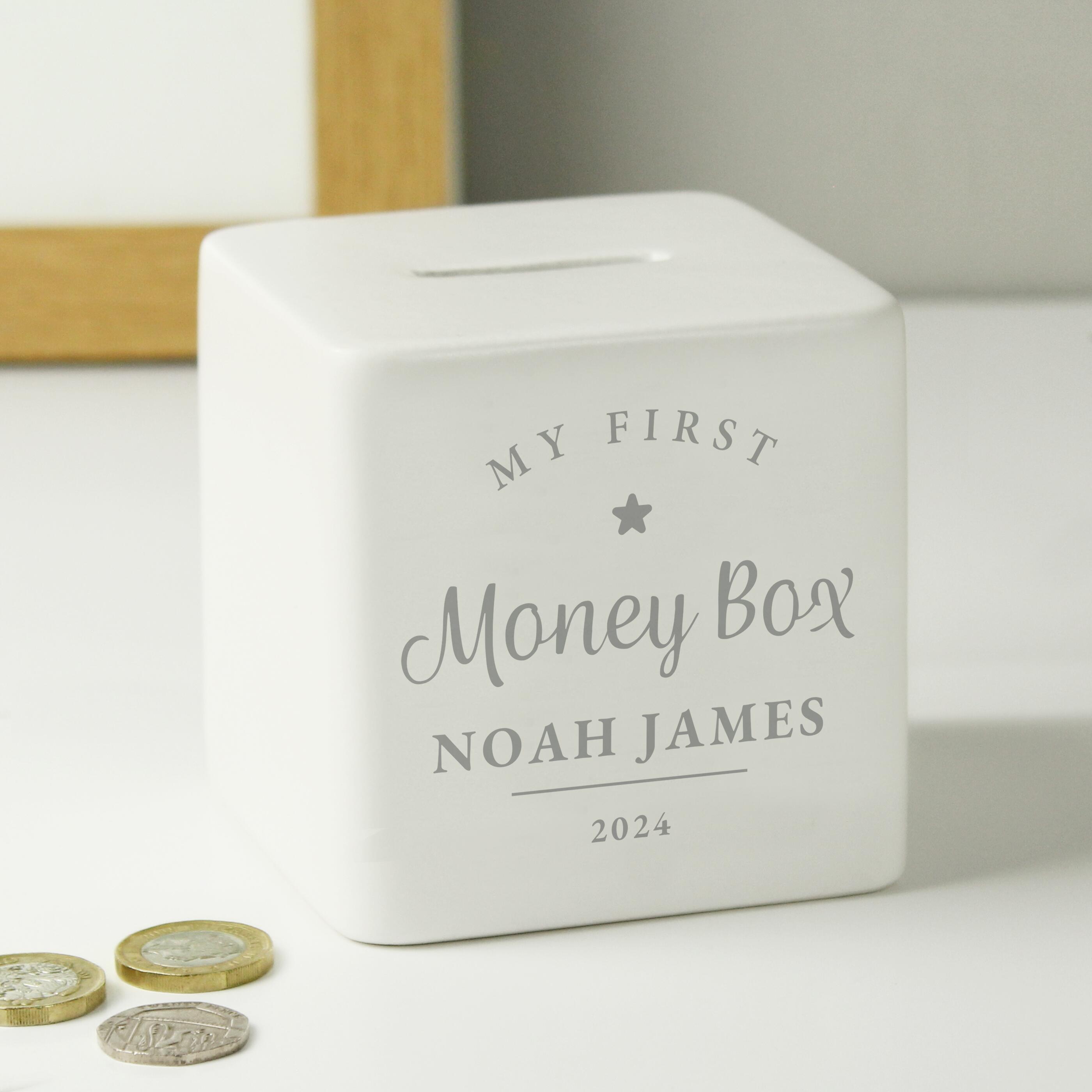 Machine Money Box Square Personalised My First Ceramic Square Money Box
