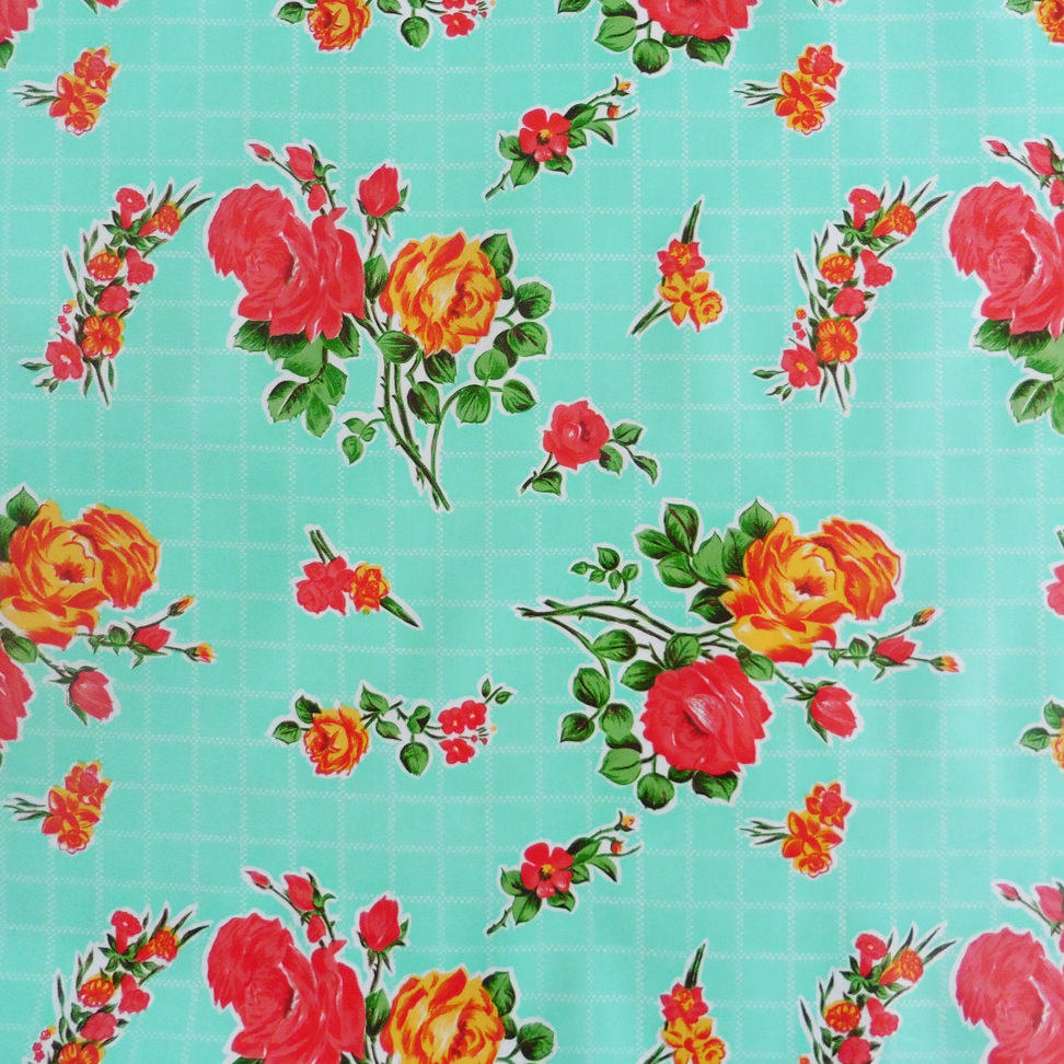 Turquoise Oilcloth with Rose Print