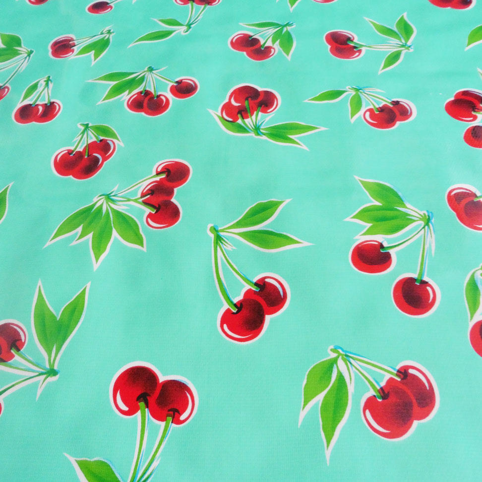 Red Cherry Print on Turquoise Aqua Oilcloth