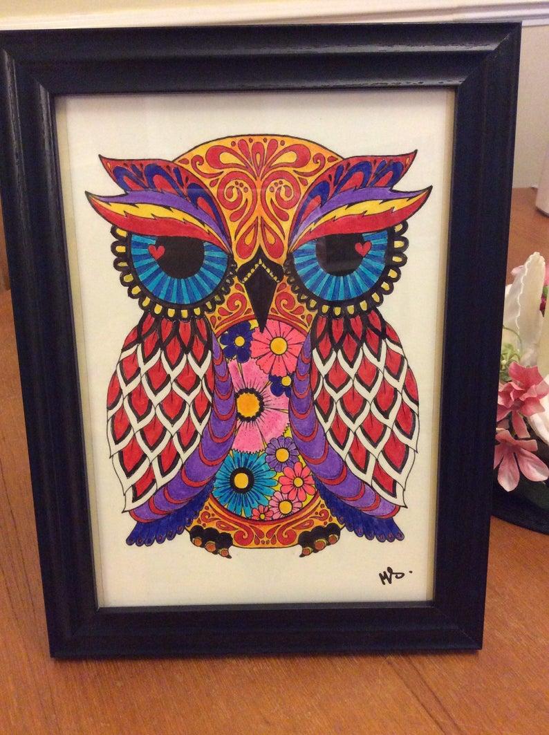 Psychedelic Owl painted with Real Brush Pens and Framed