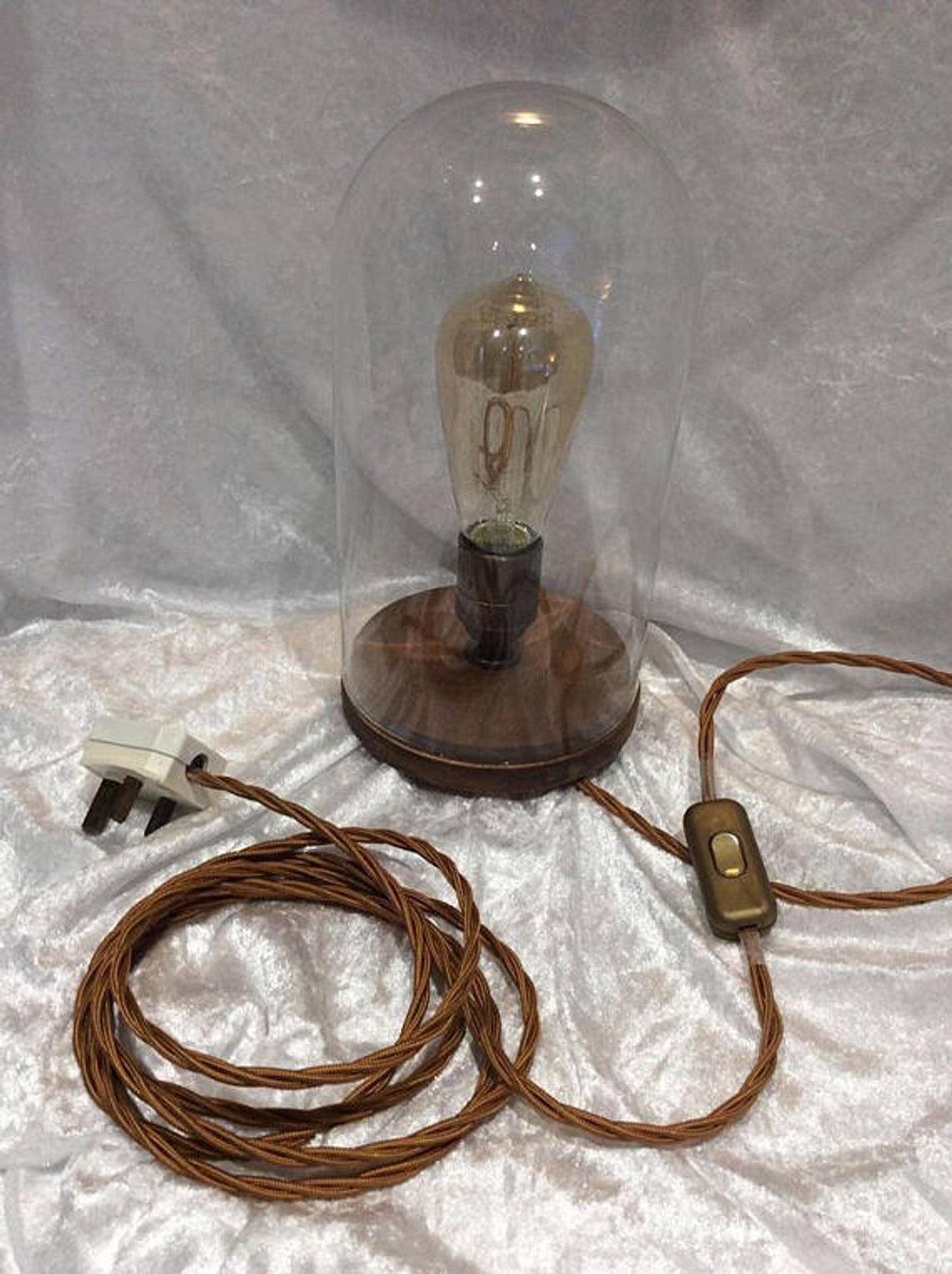 Retro Antique Wooden Base Glass Bell Jar Table Lamp