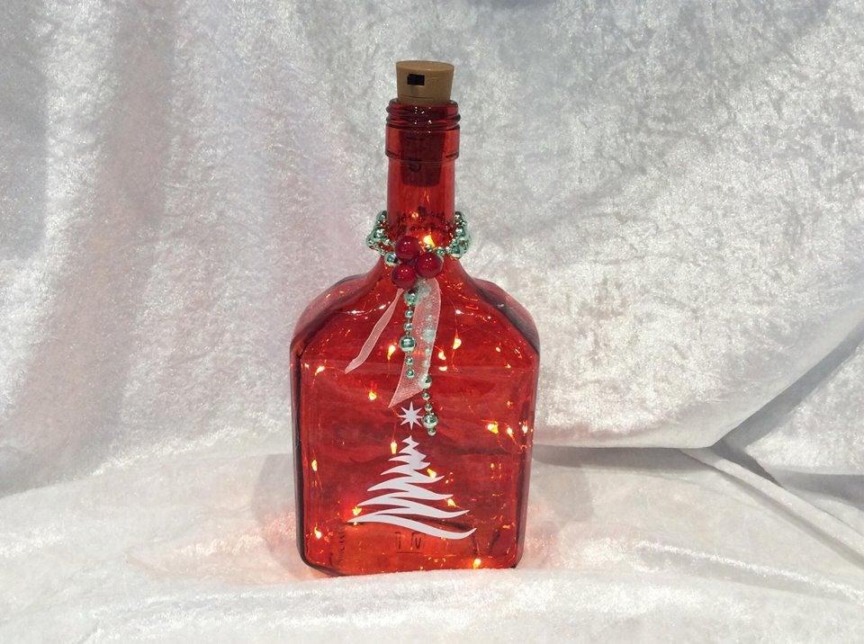 Painted bottle with Christmas Tree Decorated Bottle with Lights