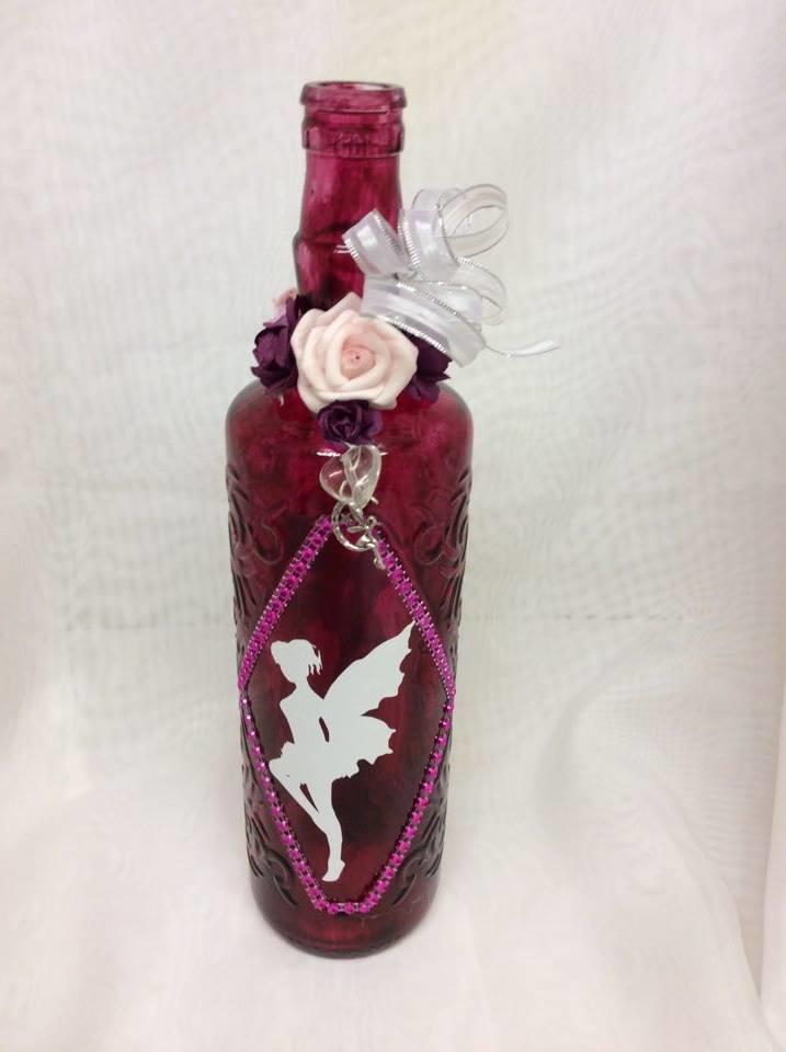 Decorated Wine Bottle Fairy and Roses