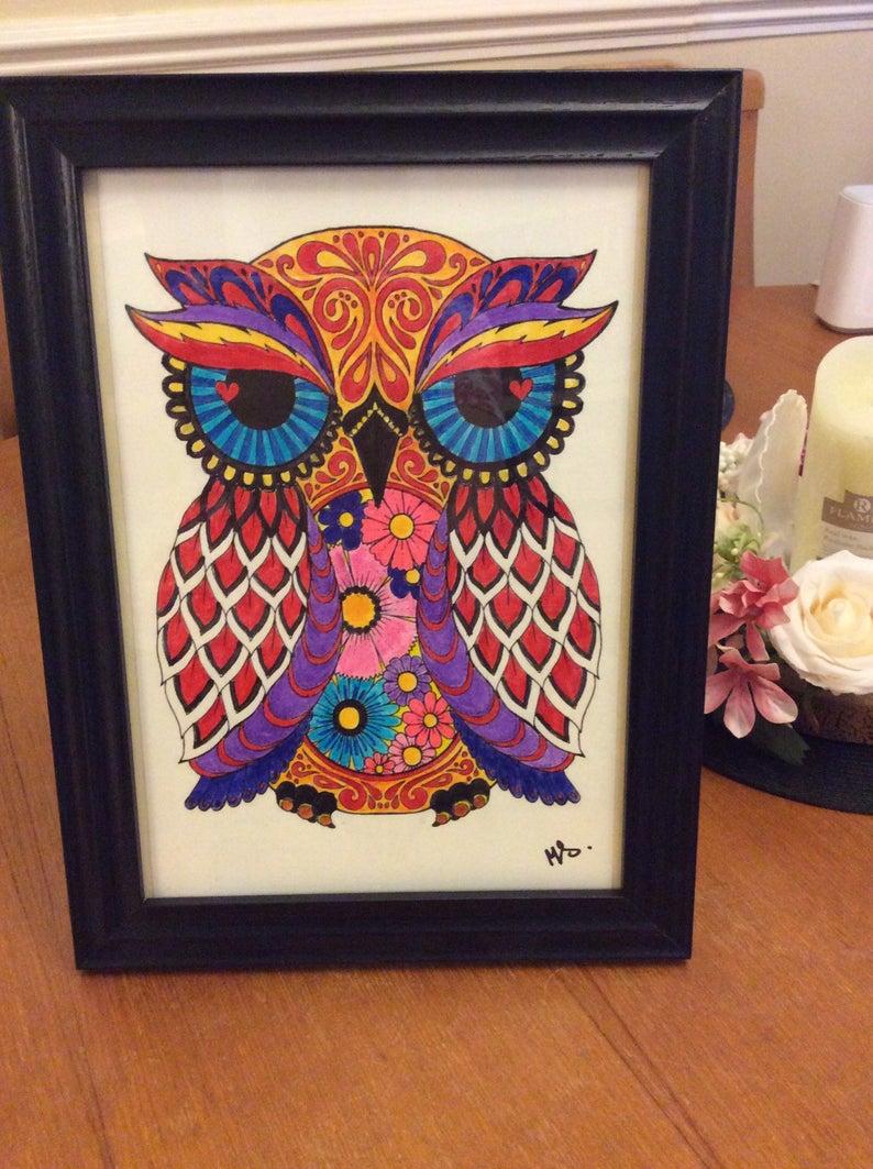 Psychedelic Owl painted with Real Brush Pens and Framed