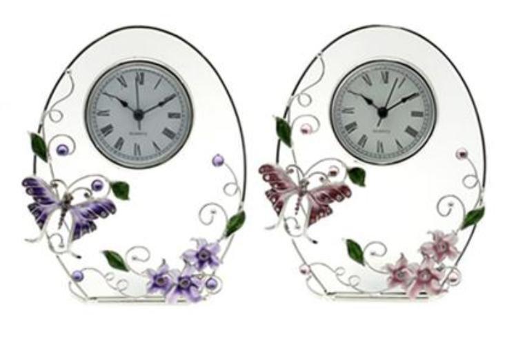 Butterfly and Crystal Lilac Floral Design Glass Oval Clock