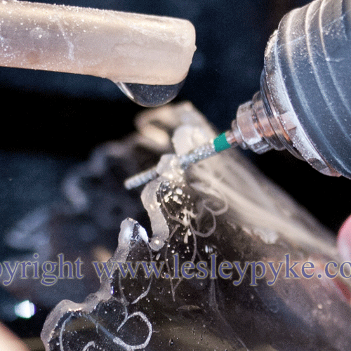 Glass engraving by Lesley Pyke using a diamond FG coarse cone de