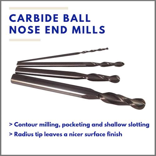 Ball nose end mills are ideal for contour milling, pocketing and shallow slotting. The radius tip leaves a smooth surface finish. Use a roughing end mill first to remove large areas of material quickly.  See Eternal Tools range of ball nose end mills ranging from 1mm to 6mm