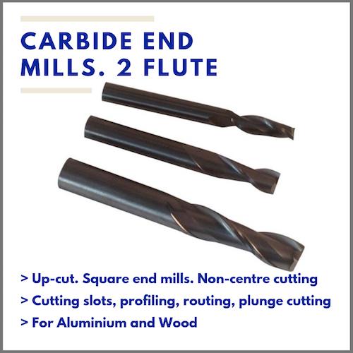 2 flute end mills for cutting slots, profiling, routing, plunge cutting on aluminium and wood