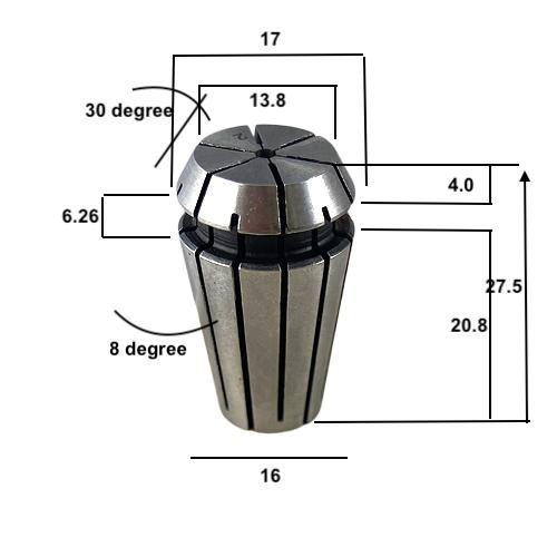 Specifications and dimensions of ER16 Collet