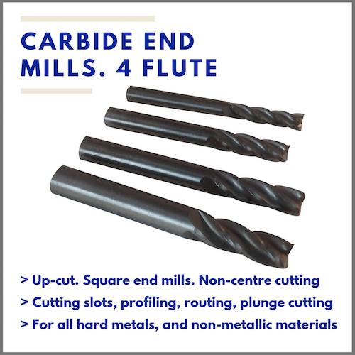 Carbide 4 flute end mills for all hard metals and non-metallic materials. cut slots, plunge cutting, profiling, routing.