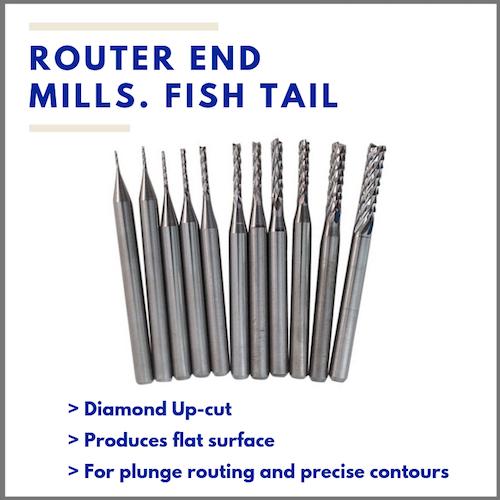 Diamond up-cut router end mills with fish tail. produces a precise flat surface. For plunge routing and precision contours. Eternal Tools has a wide range of carbide router end mills in sizes from as small as 0.5mm