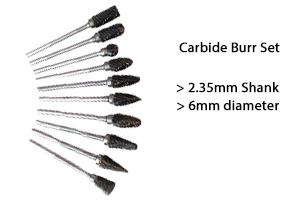 Carbide burr set with 6mm diameter head and 2.35mm shank