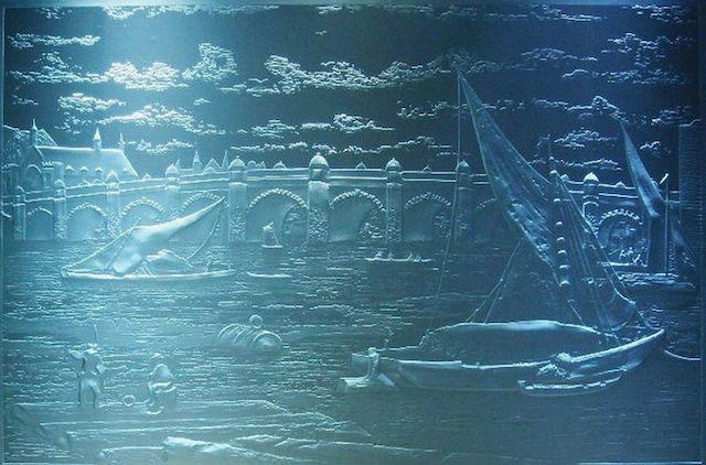 'The Bridge' by Guergana Sabkova. Sand blasting or sand carving glass engraving as featured on Eternal Tools article '5 Glass Engraving Techniques and How They're Done'