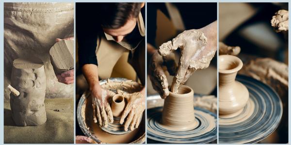 Potters at the pottery wheel shaping the clay. Fetured in the article 'Ceramics. A complete guide' by Eternal Tools