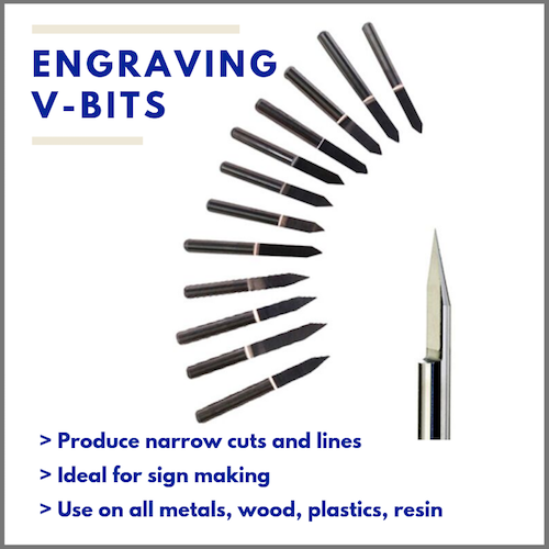 V-shaped engraving bits, ideal for sign making in all metals, wood and plastics. produces narrow cuts and lines.  Eternal Tools has a wide range of different tip diameters and angles suitable for your every CNC carving projects