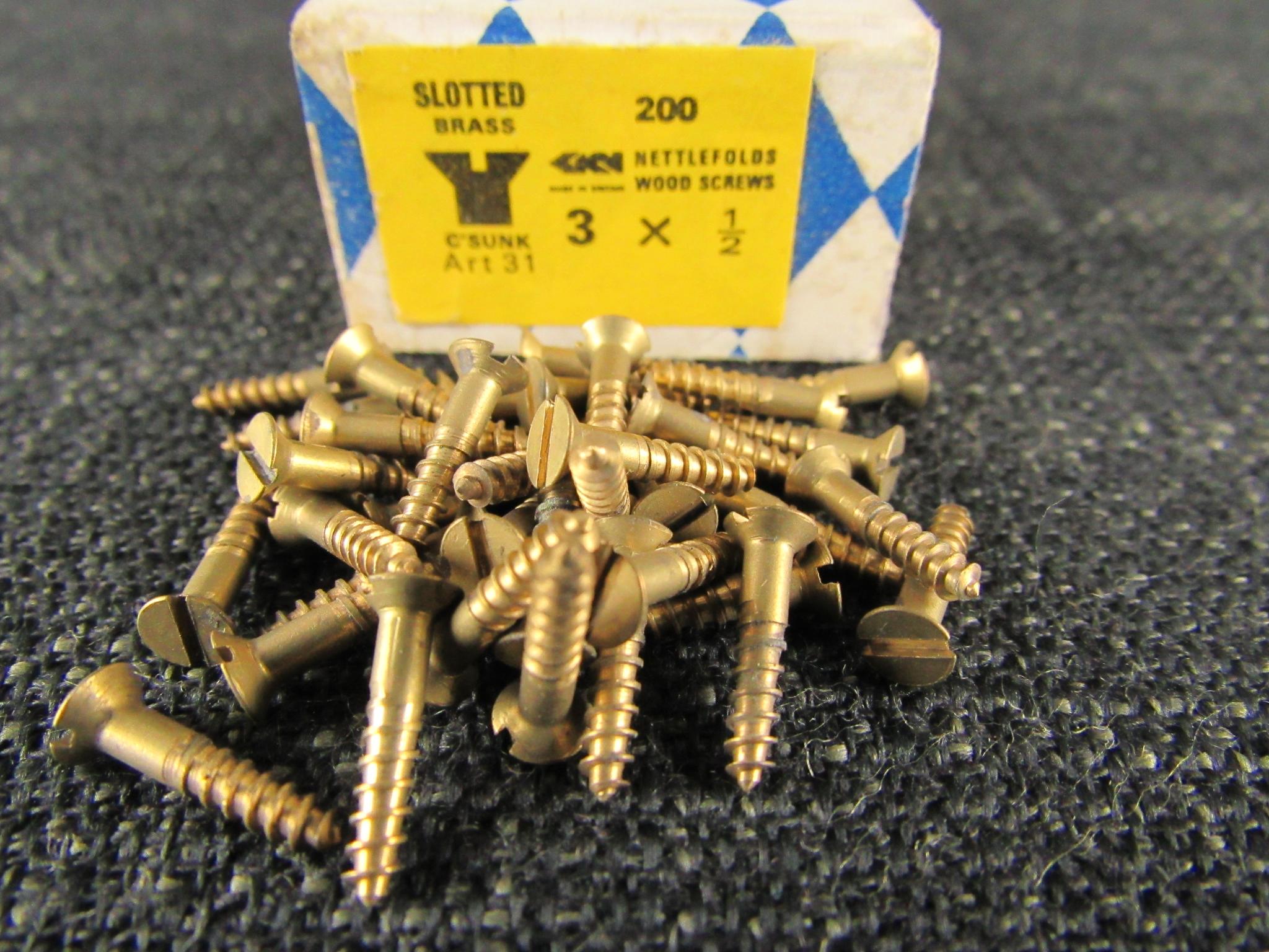 NETTLEFOLDS 3 x 1/2 CSK Slotted Brass Screws (Qty 25)