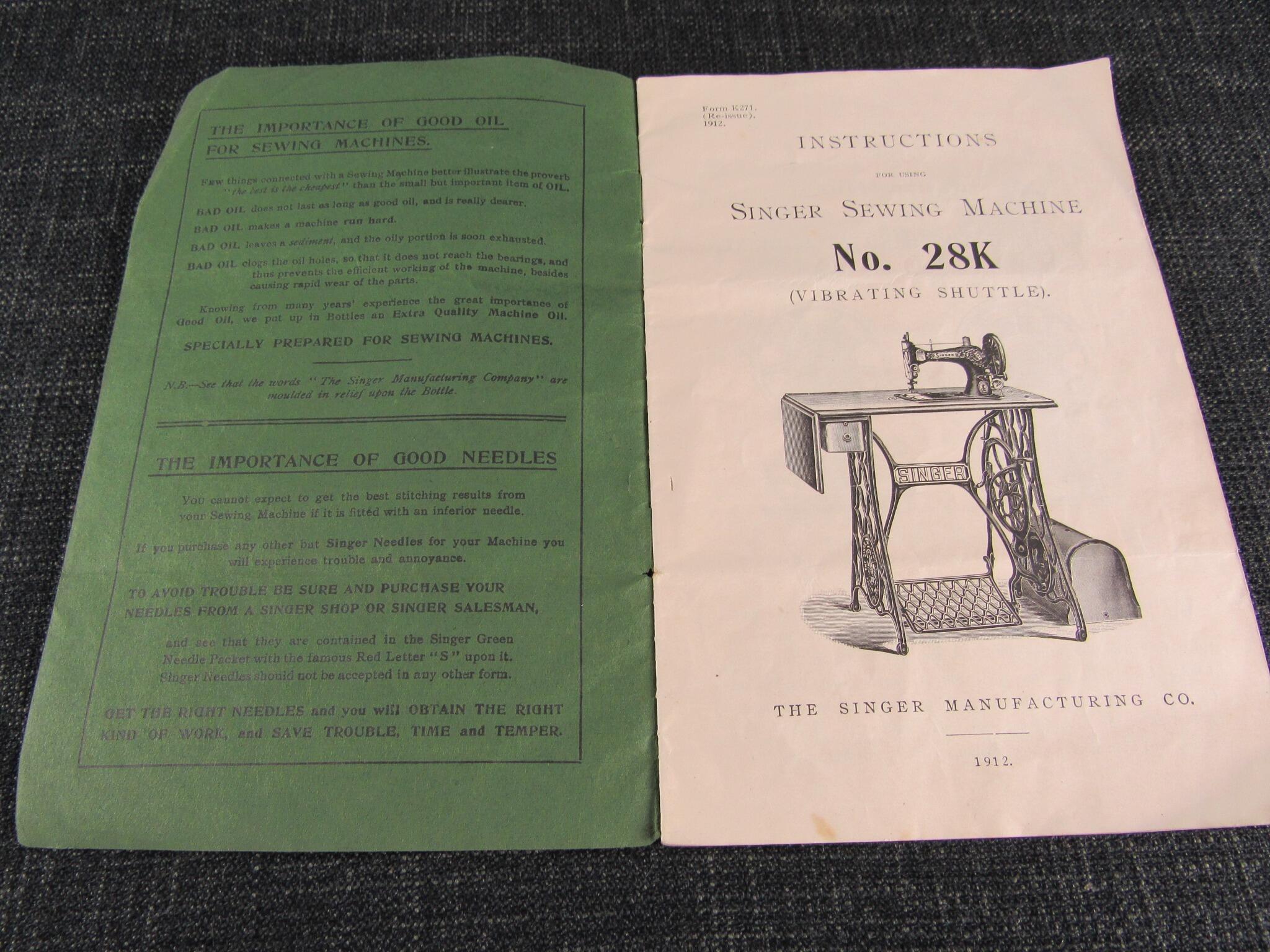 SINGER Sewing Machine No 28K Instruction Booklet 1912 *SOLD*
