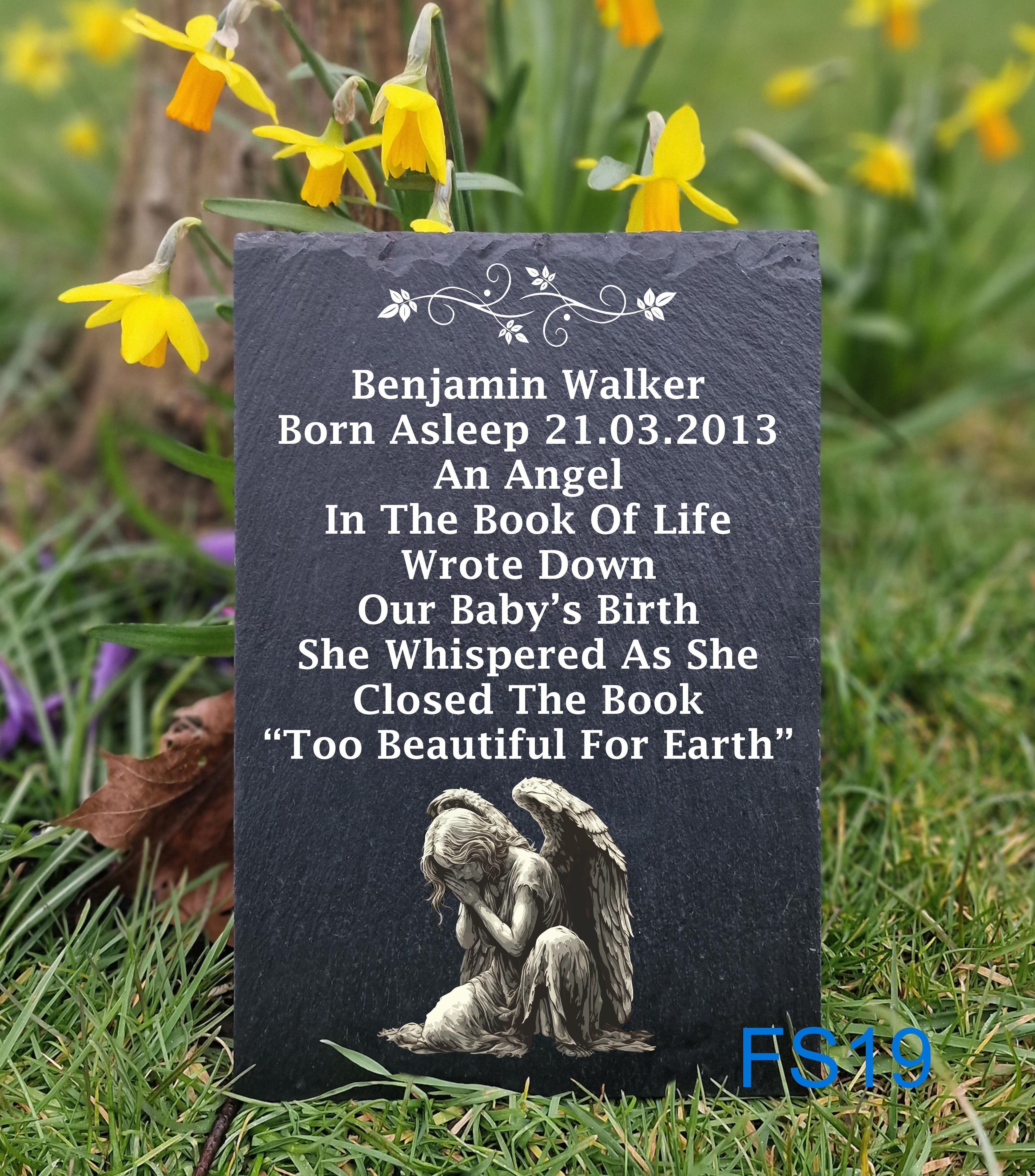 Angel Designs Personalised Natural Slate Headstone Memorials Grave Markers  3 Sizes and 3 Designs