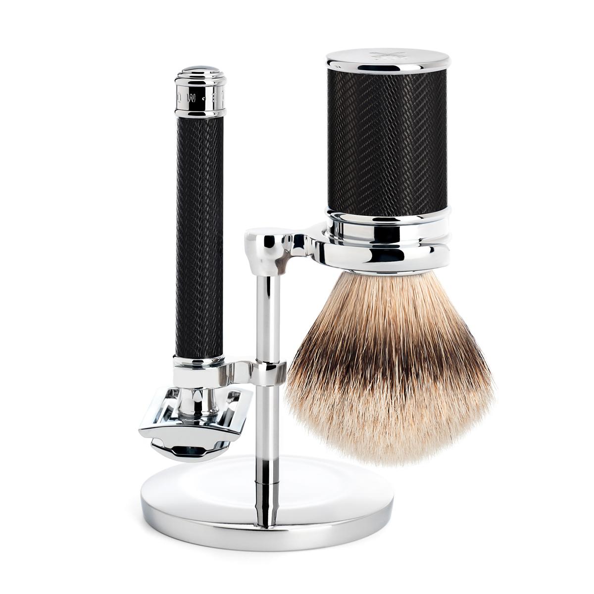 MUHLE Black and Chrome Traditional Safety Razor and Silvertip Badger Shaving Brush Shaving Set
