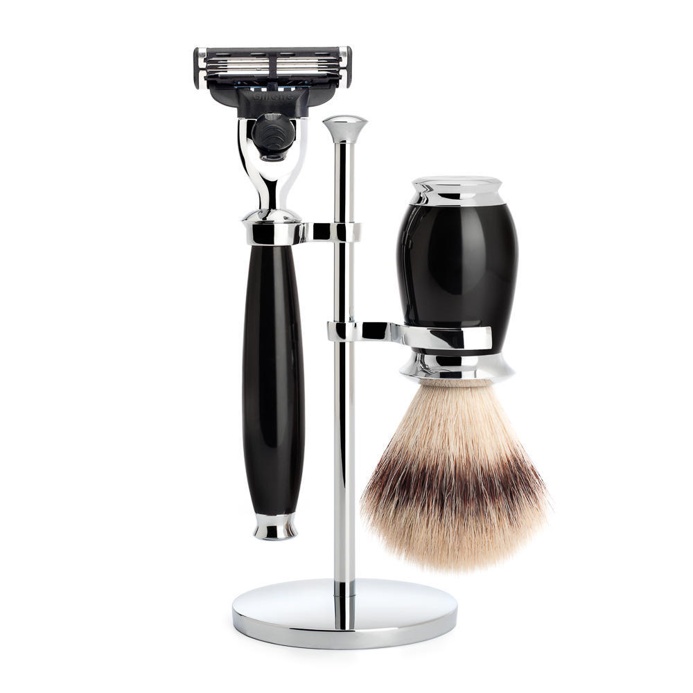 MUHLE PURIST Silvertip Fibre Shaving Brush and Mach3 Shaving Set in Black with Stand - S31K56M3