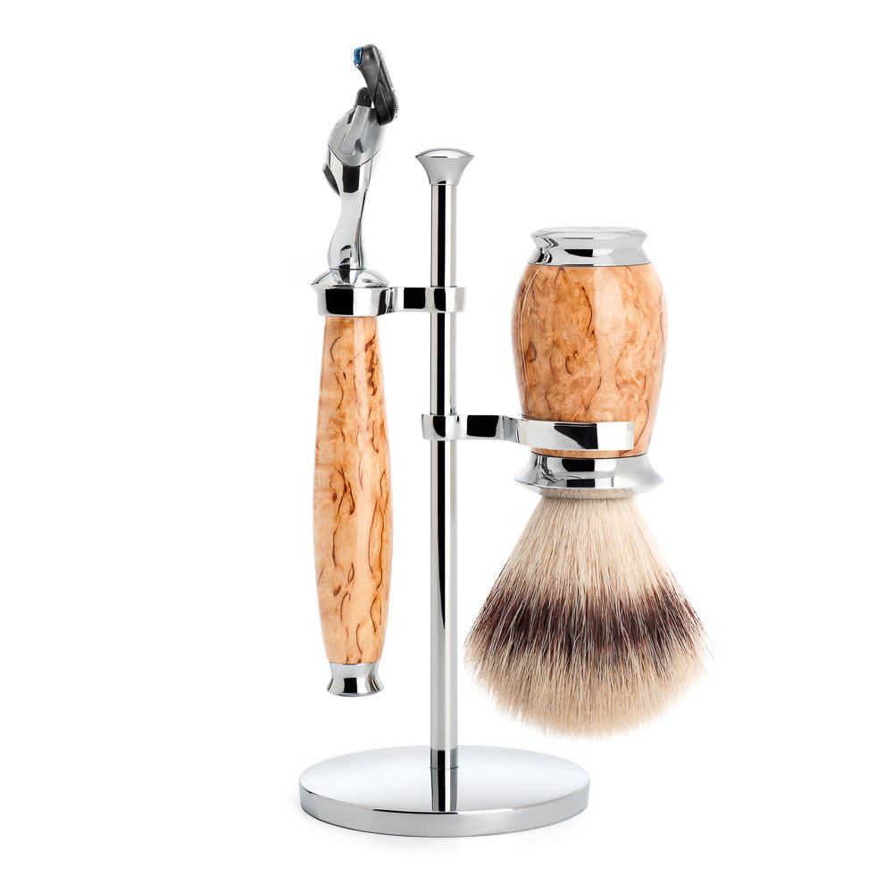 MUHLE PURIST Karelian Masur Birch Silvertip Fibre Shaving Brush and Fusion Razor Shaving Set with Stand - S31H55F