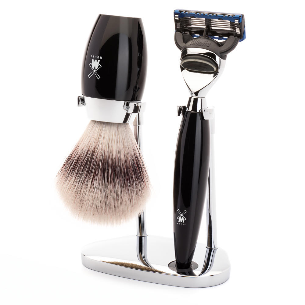MÜHLE KOSMO 3-piece shaving set in black Incl. silvertip fibre shaving brush and Fusion razor