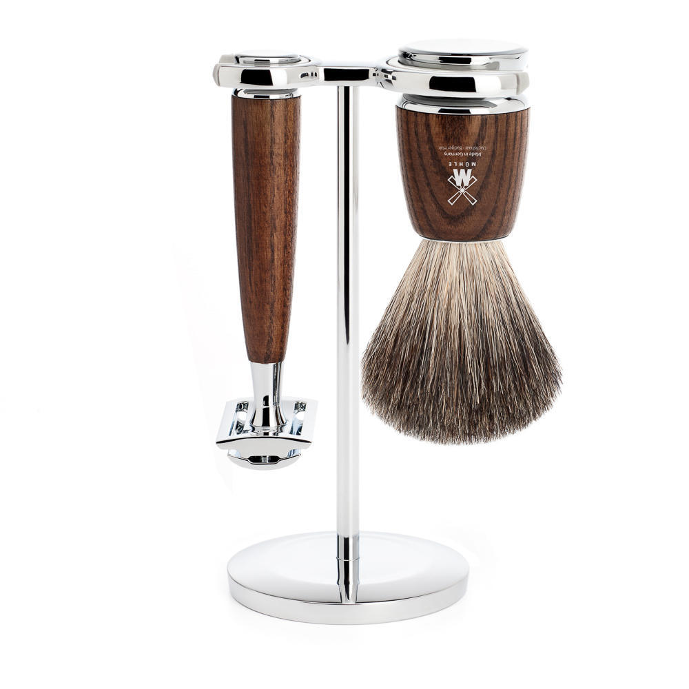 MUHLE RYTMO Steamed Ash 3-piece Pure Badger Brush and Safety Razor Shaving Set - S81H220SR