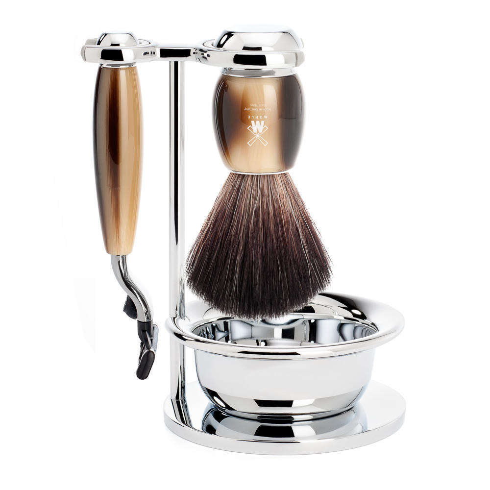 MUHLE VIVO Brown Horn Resin 4-piece Black Fibre Brush and Safety Razor Shaving Set with Stand and Bowl - S21M332SSR