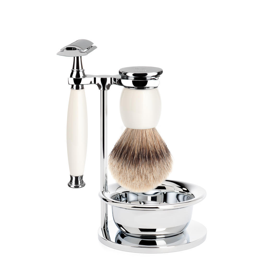 MUHLE SOPHIST Silvertip Badger Brush and Safety Razor Shaving Set in Porcelain with Bowl S93P84SSR