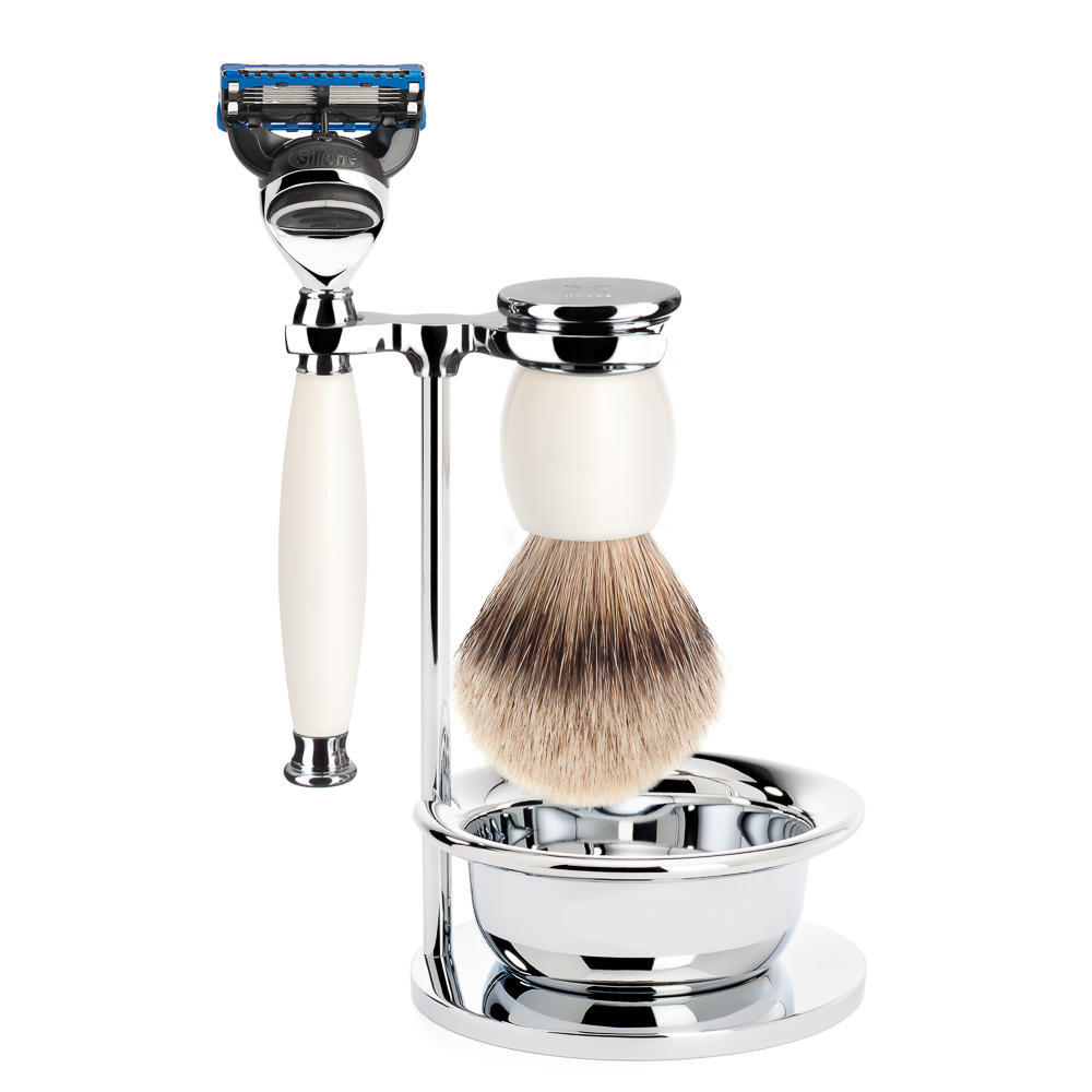 MUHLE SOPHIST Silvertip Badger Brush and Fusion Shaving Set in Porcelain with Bowl and Stand - S93P84SF